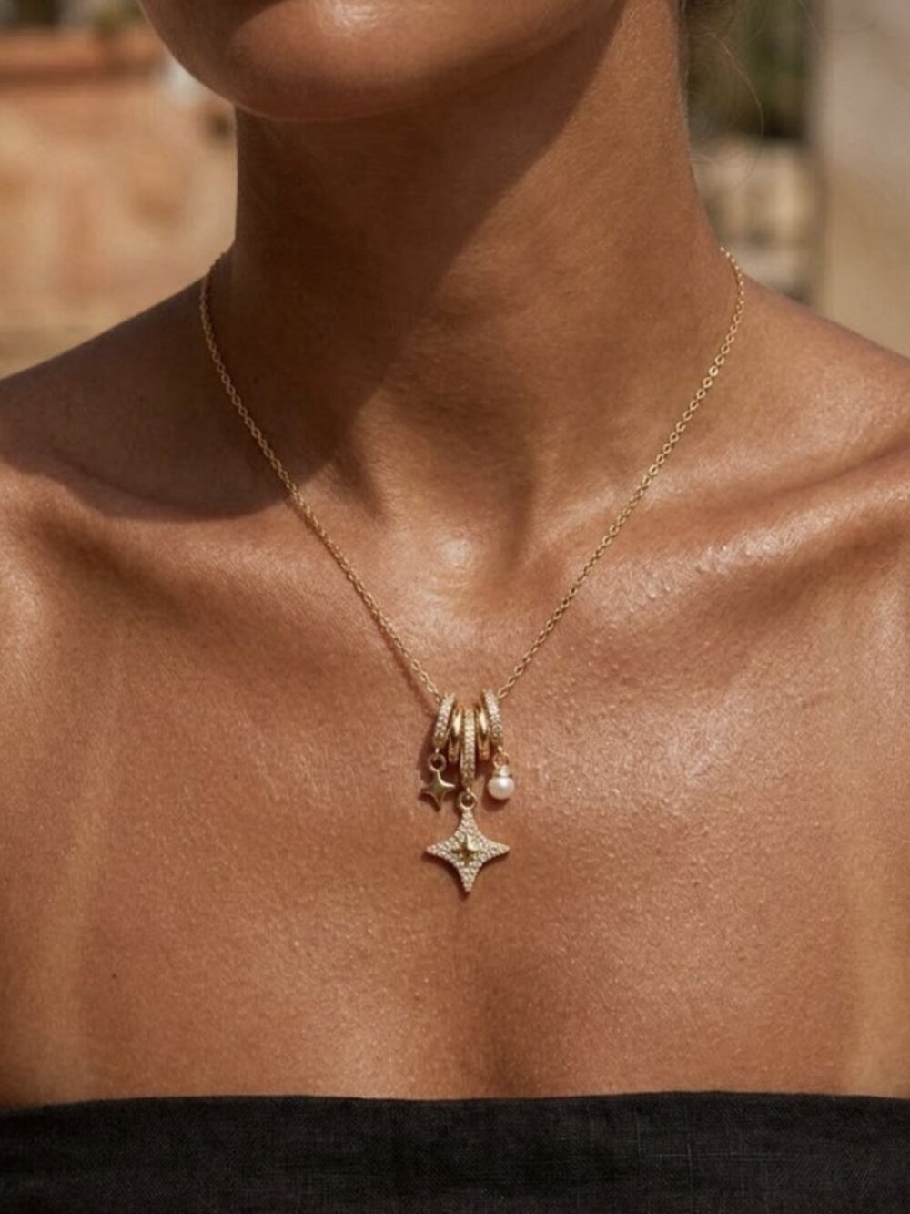 18K Gold Plated Stainless Steel Celestial North Star Pearl CZ Charm Necklace